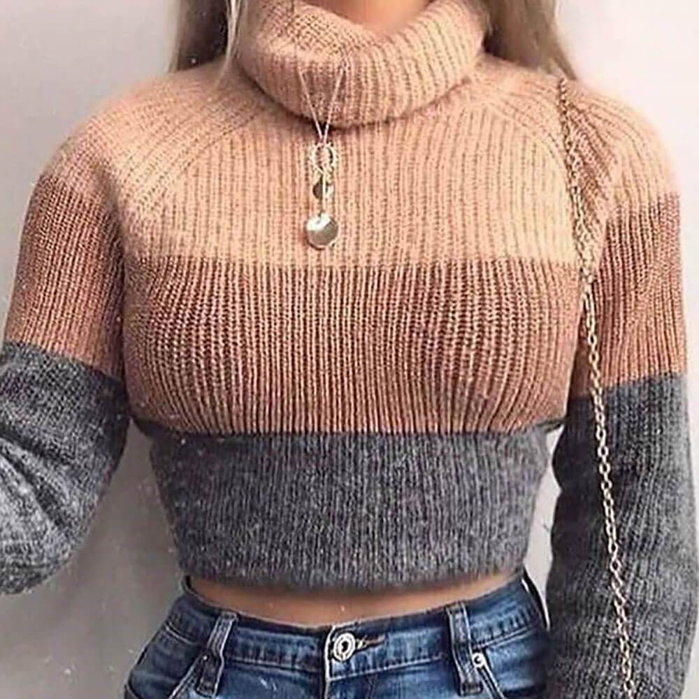Turtleneck Colorblock Cropped Knit Sweater