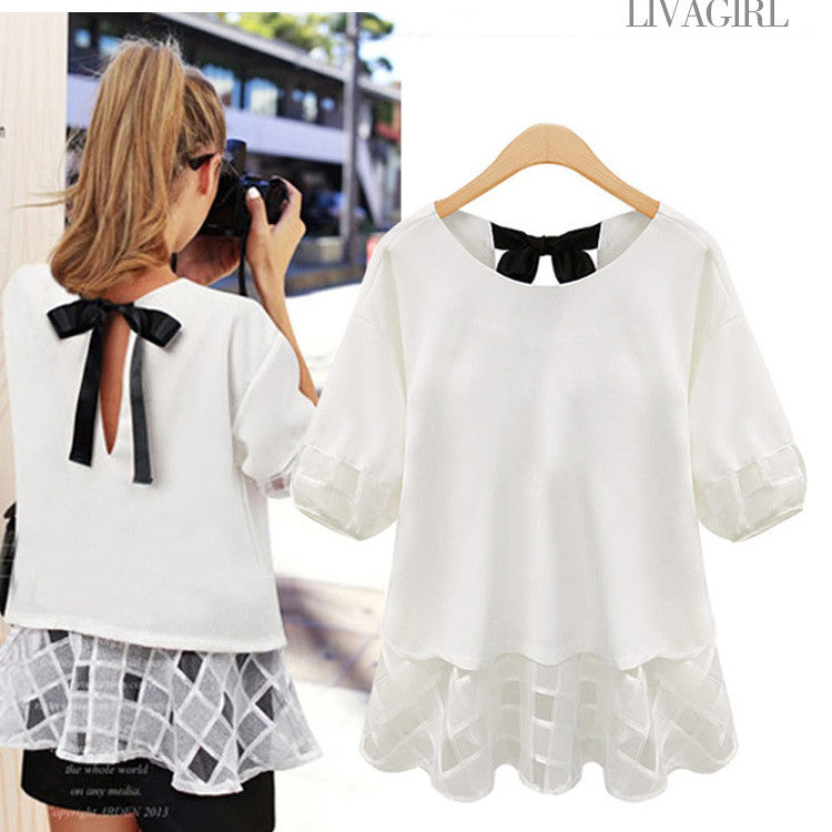 Scoop Pure Color Chiffon Patchwork Short Sleeves Blouse