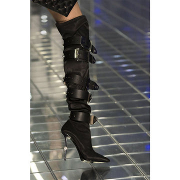 Stylish Rhinestone Buckles Pointed Toe Over Knee Boots