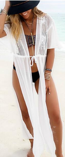 Clearance White Split Draw String Long Beach Cover Up Dress