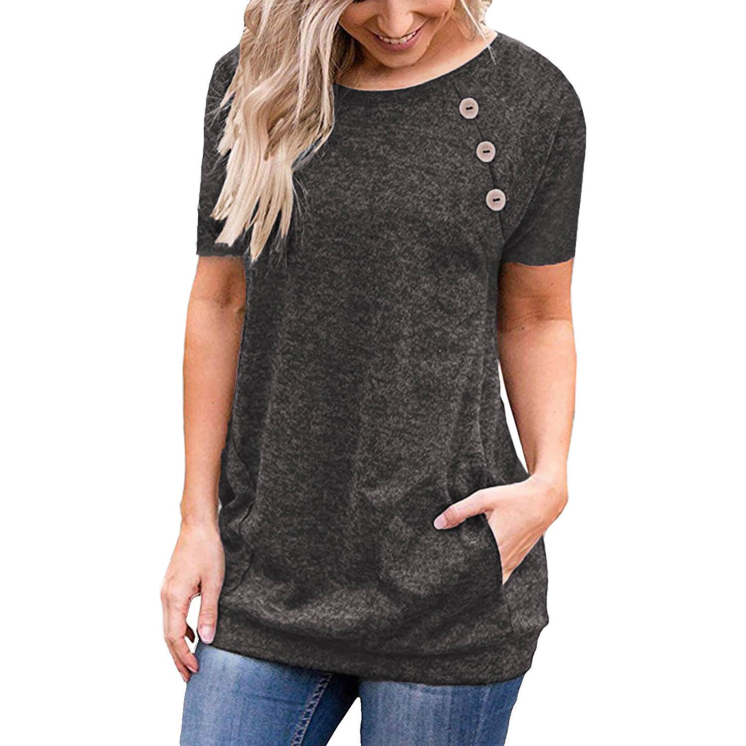 Button Scoop Long Sleeves Pockets T-shirt