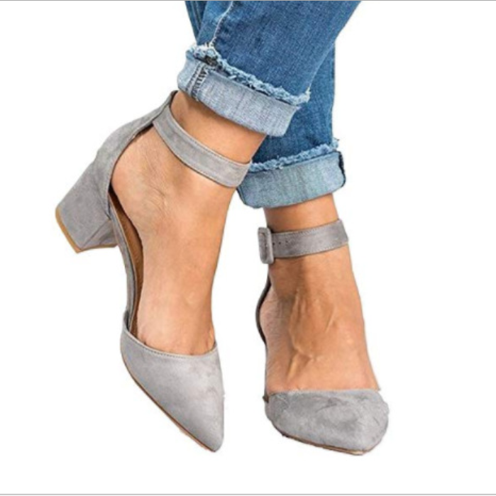 Pointed Toe Suede Buckle Chunky High Heels