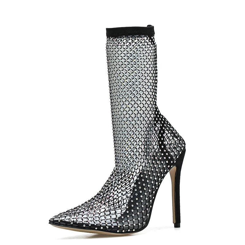Black Crystal Mesh Cutout Ankle Boots