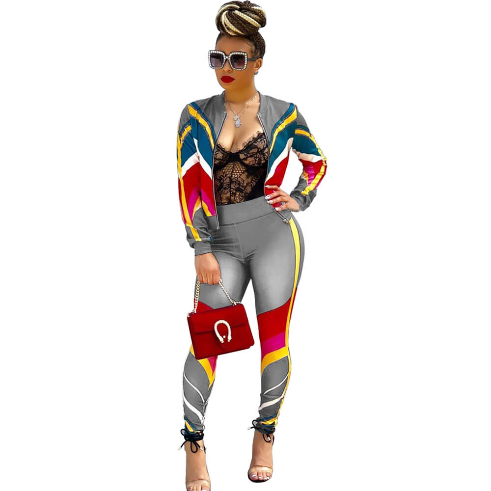 Zipper Crop Top Patchwork High Waist Skinny  Pants Set