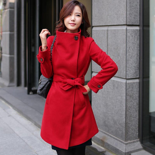 Clearance Slim Bowknot Sash Worsted Trench Coat
