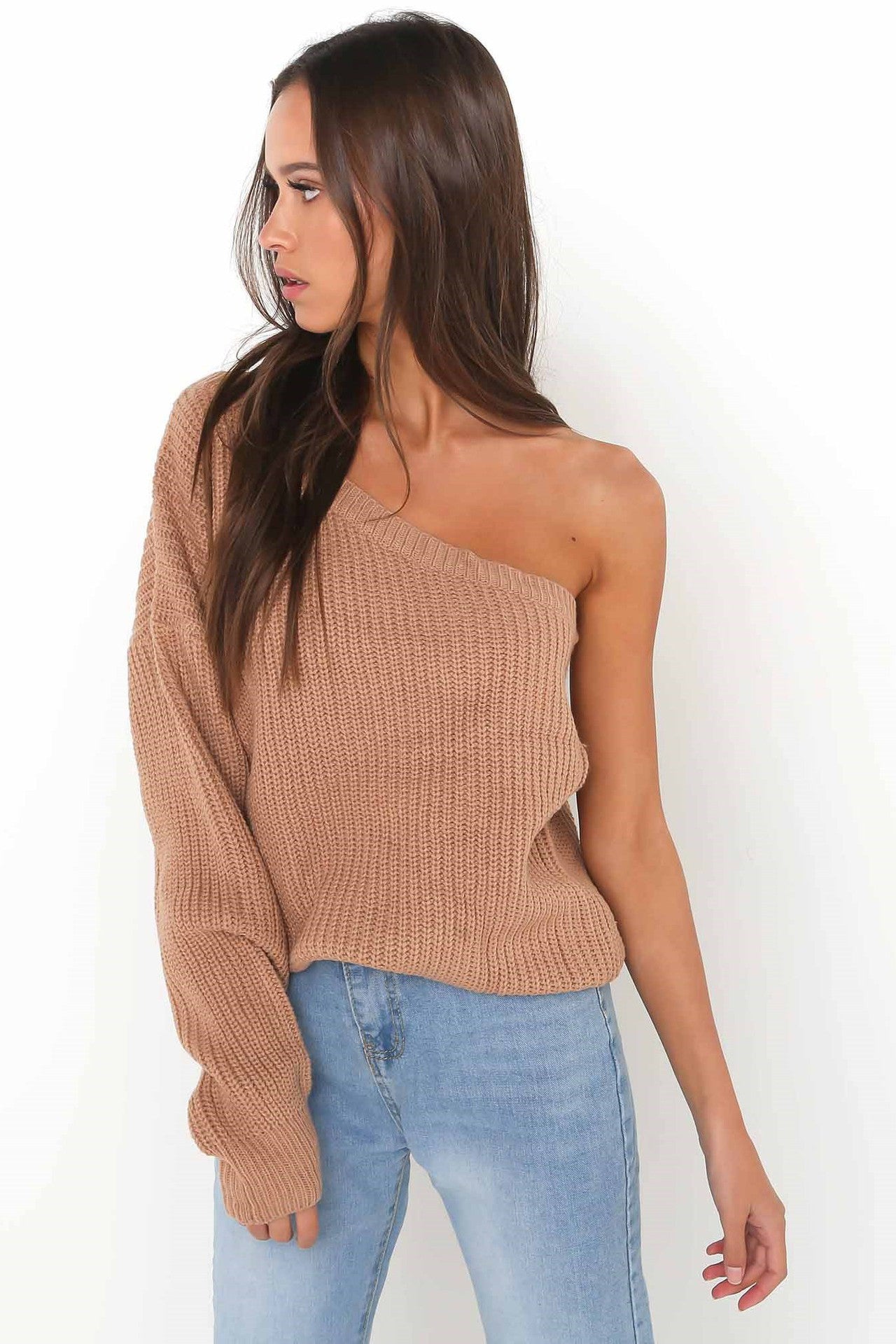Long Sleeves Pure Color One Shoulder Regular Sweater