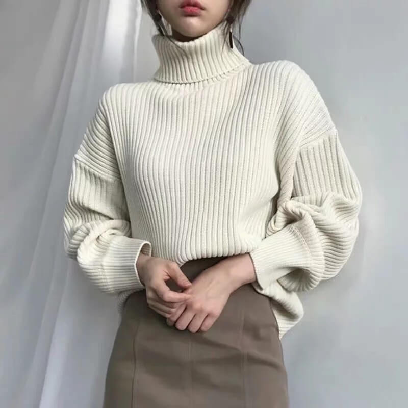 Slouchy Turtleneck Balloon Sleeve Ribbed Sweater