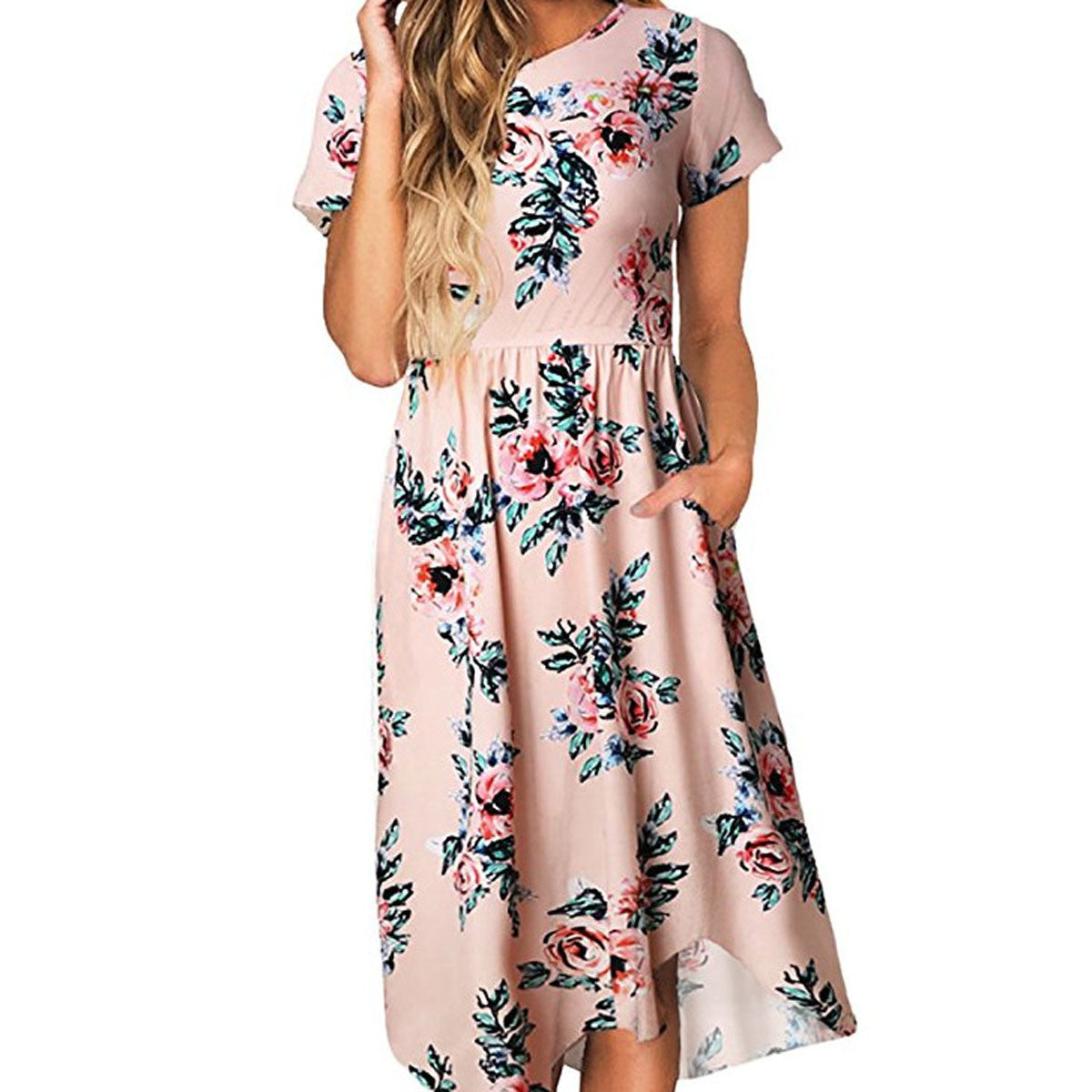Flower Print Short Sleeves Tee Length Party Dress