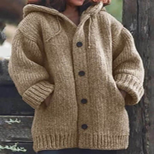 Hooded ButtonThick Knit Cardigan