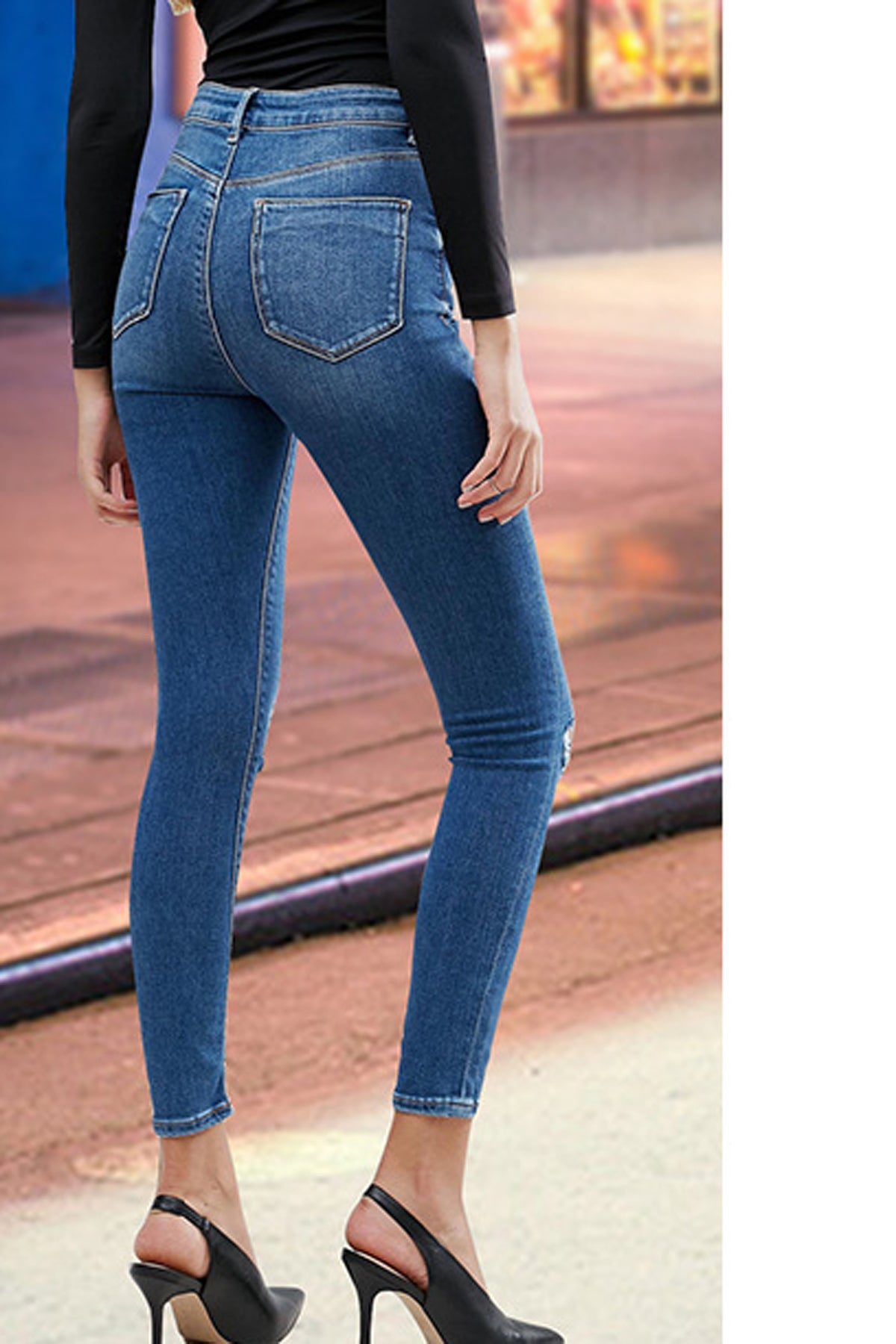 Pure Color Regular Waist Slim Hole Long Pants Jeans