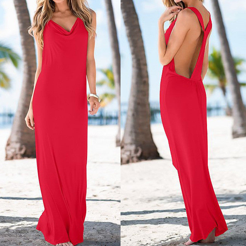 Pure Color Pile Neck Backless Long Party Dress - Meet Yours Fashion - 2