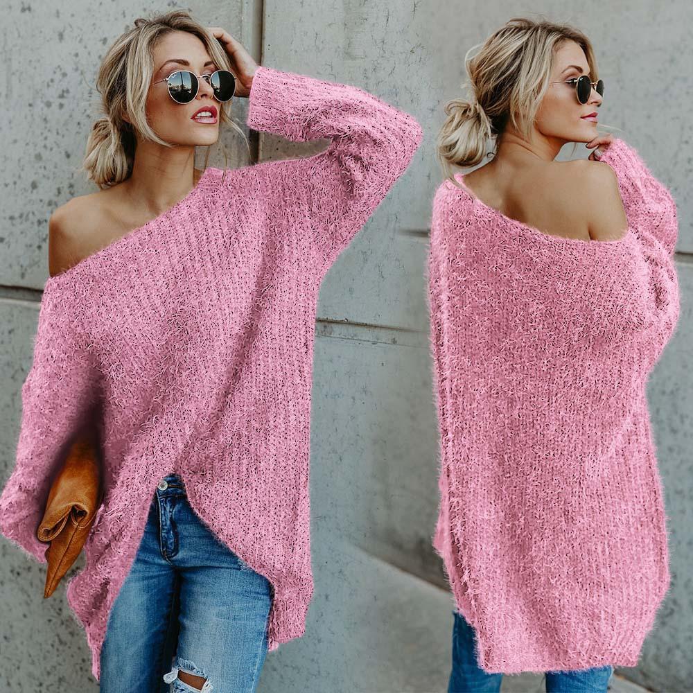 Clearance Candy Color Long Sleeves Loose One Shoulder Long Sweater