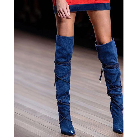 Blue Strap Pointed Toe High Heel knee High Boots