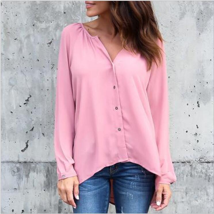 V-neck Loose Button Pure Color Long Sleeves Blouse