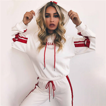 Patchwork Drawstring Cropped Hoodie Loose Long Pants Women Two Pieces Sports Set