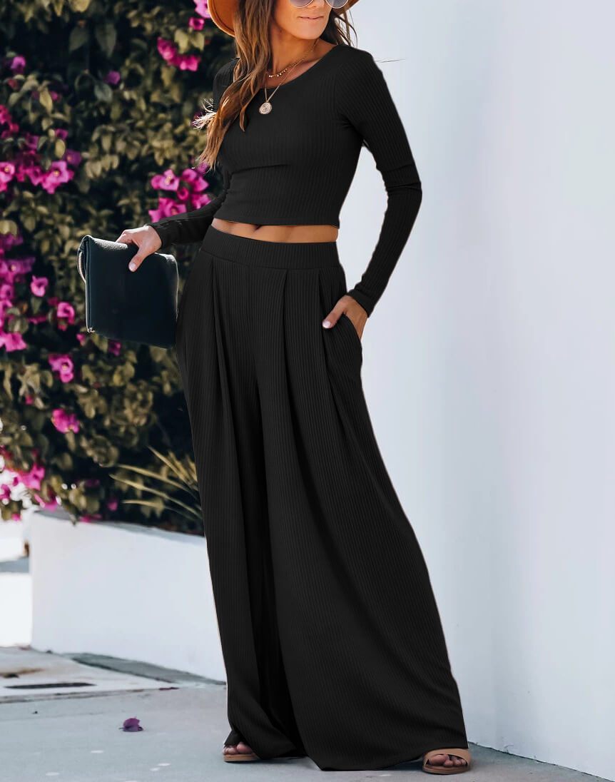 Sexy Backless Long Sleeve High Waist Wide Leg Two Pieces Set