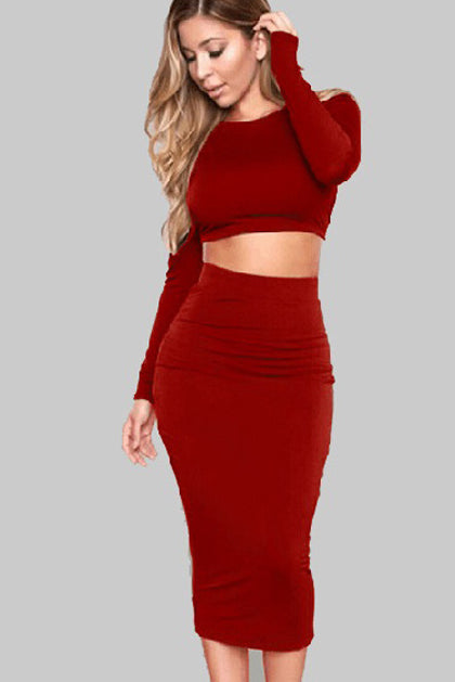 Pure Color Back-Cross Crop Top with Long Skirt Two Pieces Dress Set