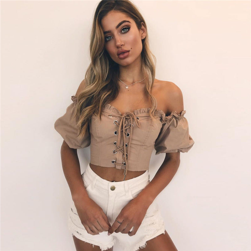 Strapless Lace Up Solid Color Crop Top