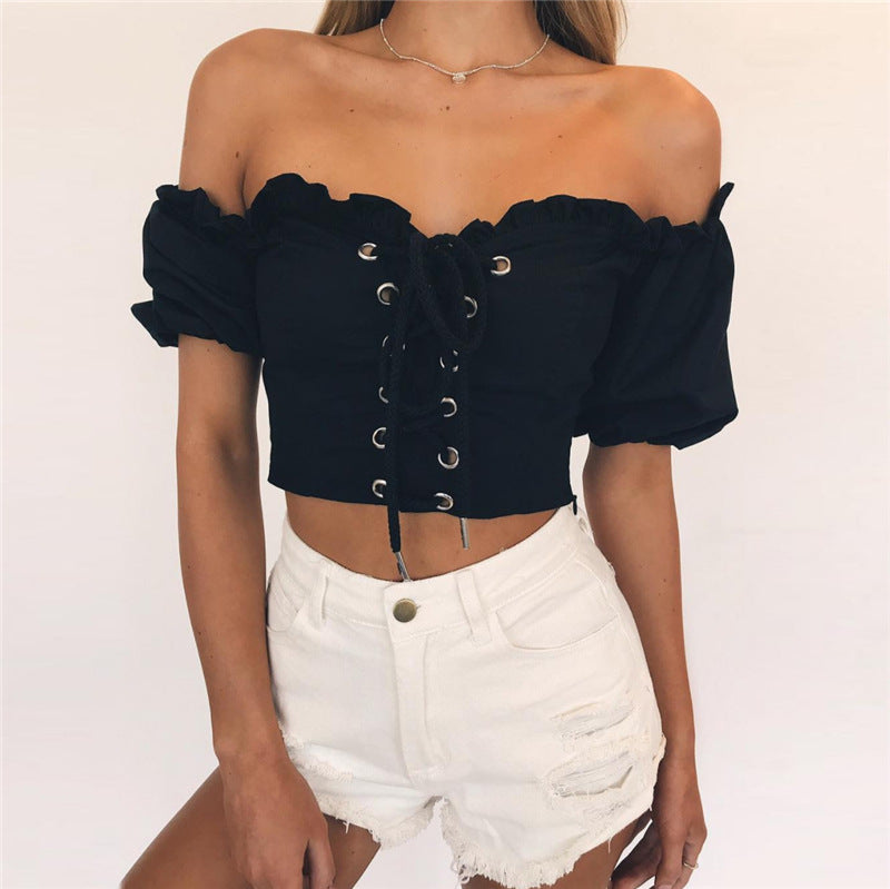 Strapless Lace Up Solid Color Crop Top