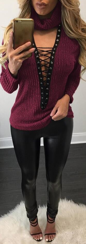 Sexy V Lace Up Turtleneck Sweater