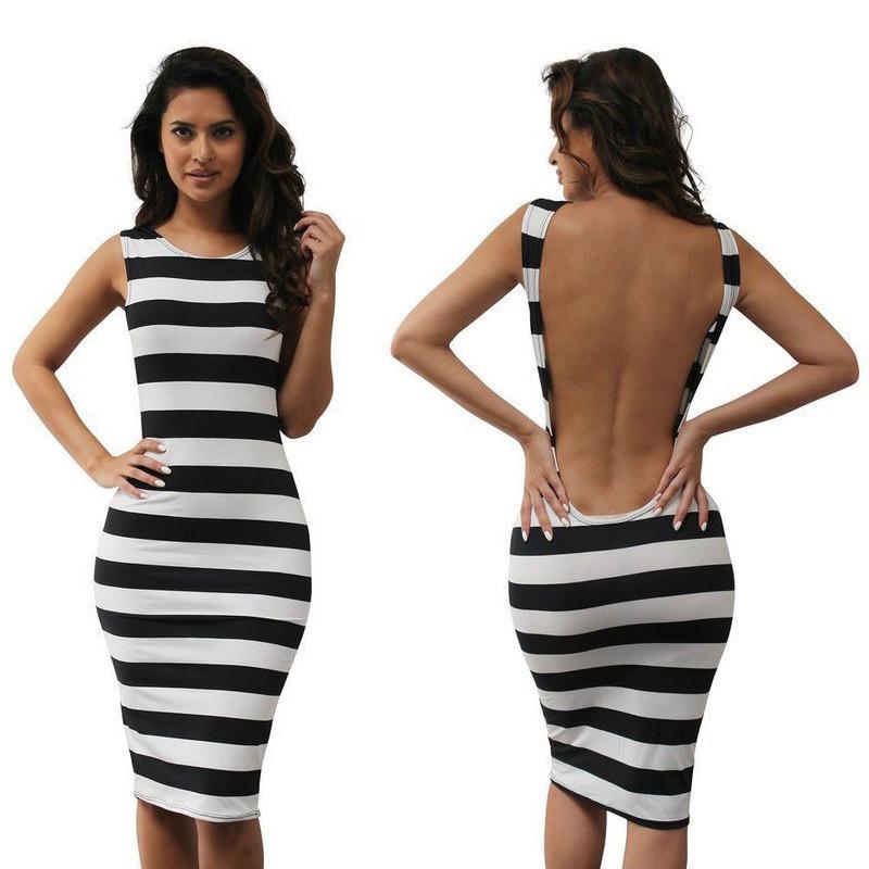 Clearance Scoop Backless Sleeveless Bodycon Striped Knee-length Dress