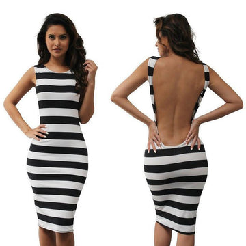 Clearance Scoop Backless Sleeveless Bodycon Striped Knee-length Dress