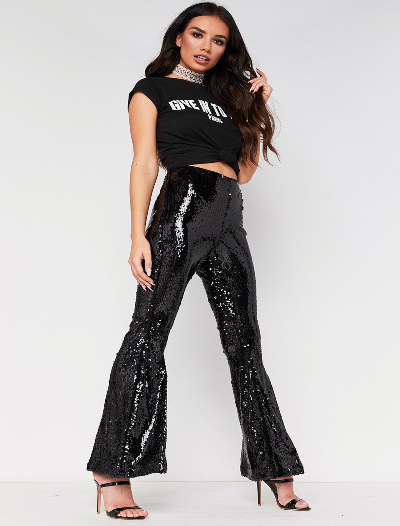 Shinning Sequins High Waist Solid Color Long Bell-bottomed Pants