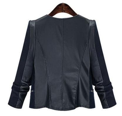 PU Patchwork Lapel Double Zippers Long Sleeves Slim Short Coat - Meet Yours Fashion - 5