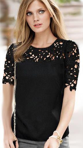 Lace Patchwork Short Sleeves Scoop Hollow Out Chiffon Blouse