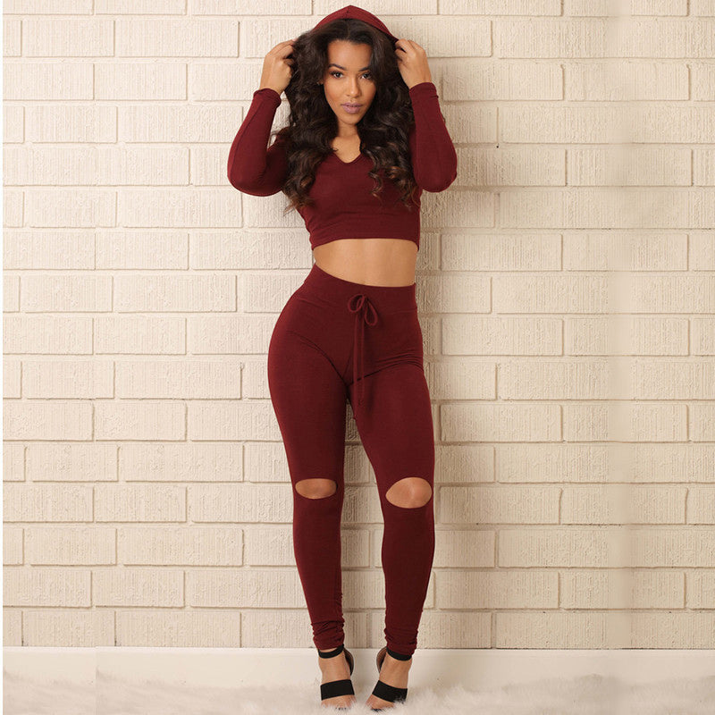 Pure Color Hooded Crop Top with Cut Out Skinny Pants Two Pieces Set