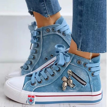 Women’S Denim High-Top Back Lace-UP Design Canvas Sneakers Shoes
