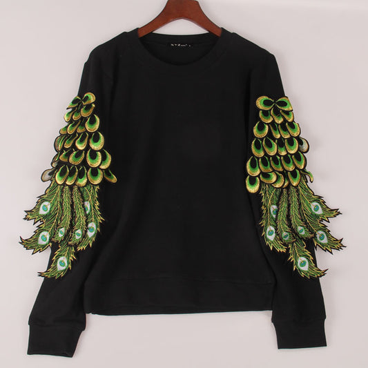 Long Sleeves Faux Peacock Feathers Scoop Elastic Sweatshirts Sports suit feather two piece set