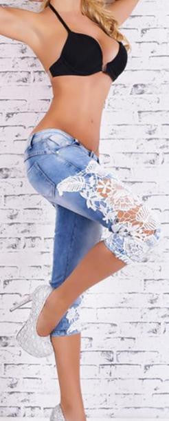 Frayed Lace Patchwork Slim Low Waist 1/2 Jeans - Meet Yours Fashion - 1