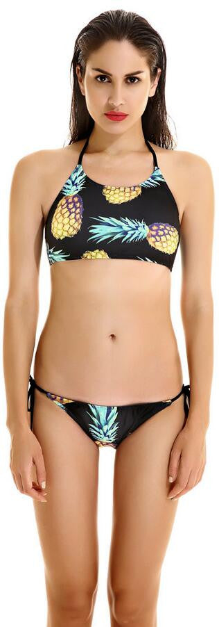 Pineapple Print Black Halter Two Pieces Swimwear Bikini