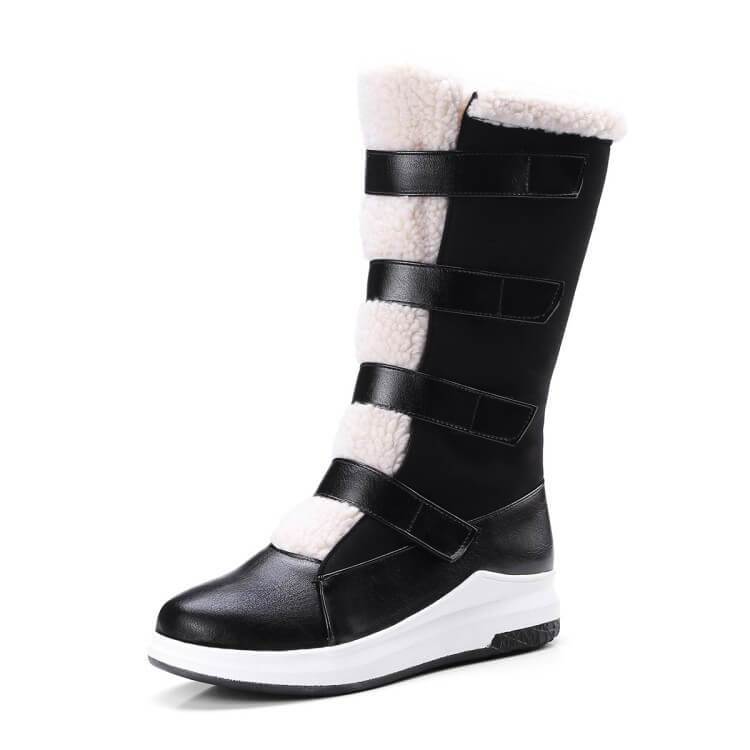 Leather Flat Velcro Round Toe Mid Calf Boots