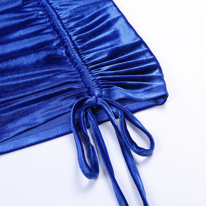 Blue Velvet Turtleneck Wrap Ruched Bodycon Dress