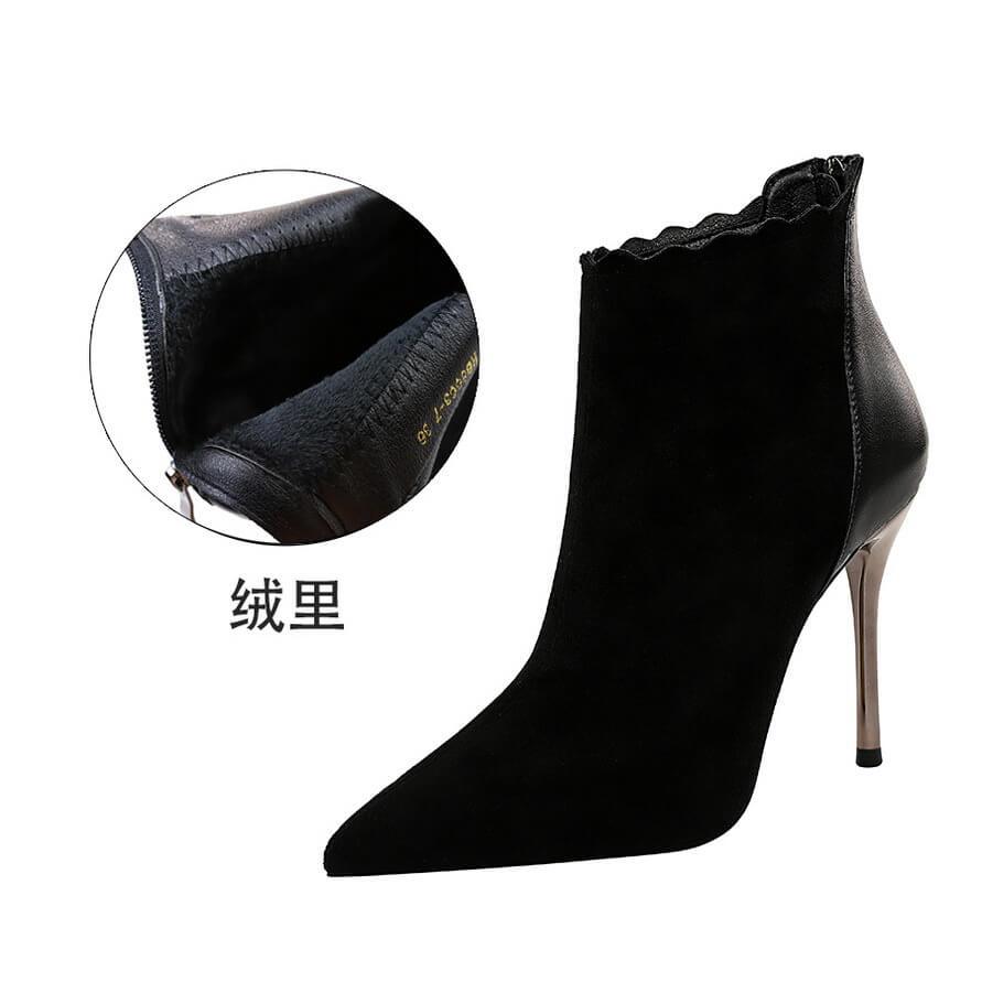 Black Suede PU Point Toe Zipper High Heel Ankle Boots