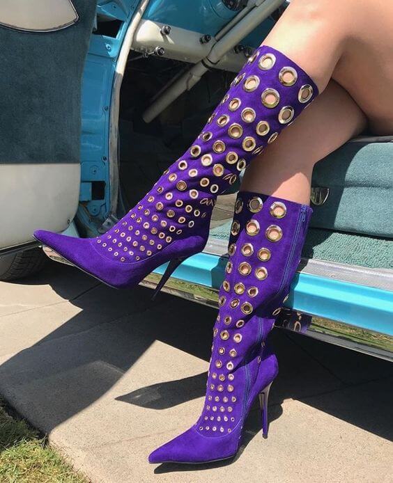 Purple Suede Cutout Point Toe Knee High Boots