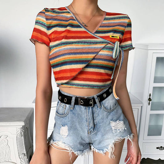 Summer Stripes Short Sleeve V Neck Cropped T-Shirts