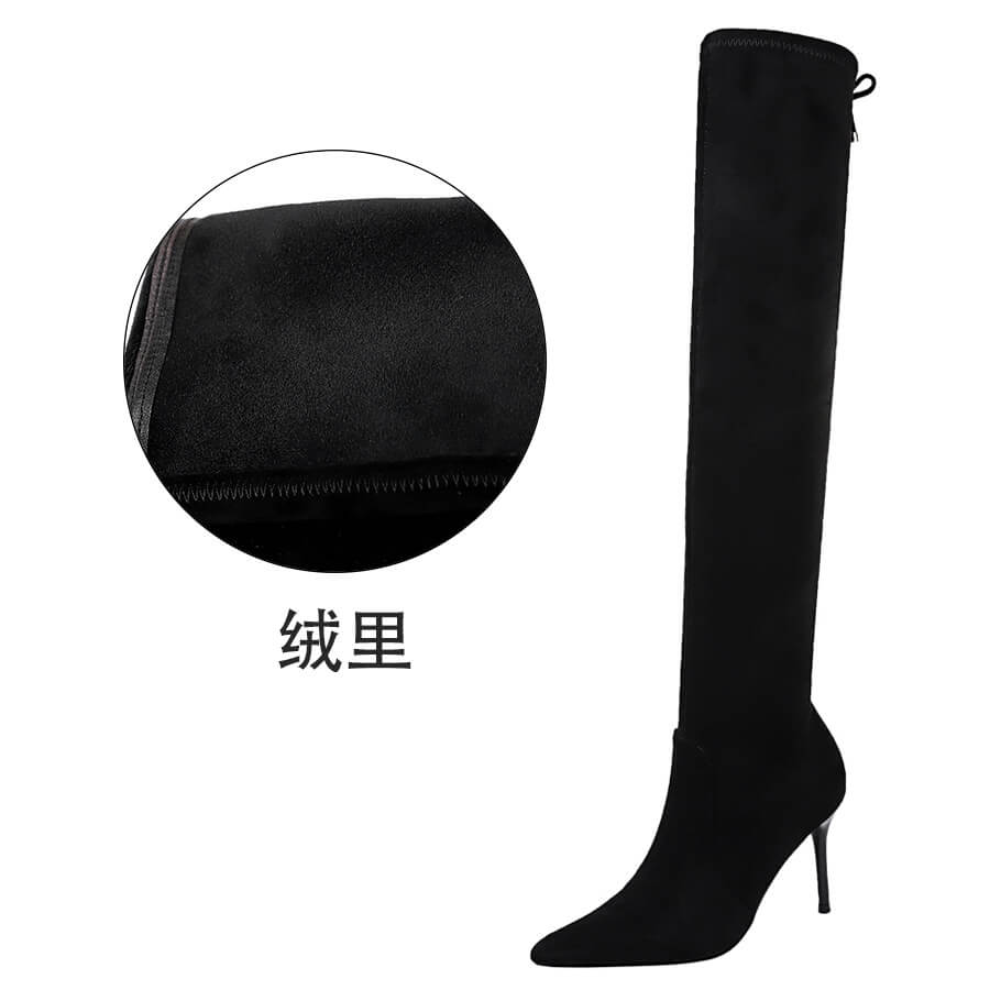 Simple Black Suede Point Toe High Heel Over Knee Boots