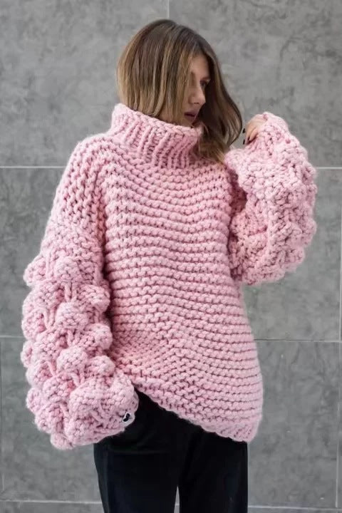 Turtleneck Handmade Knit Long Lartern Sleeves Chunky Pullover Oversize
