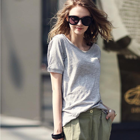 Scoop Short Sleeves Pure Color Casual Loose T-shirt