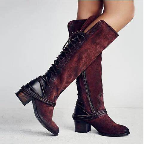 Back Lace Up High Chunky Heel Knee High Boots