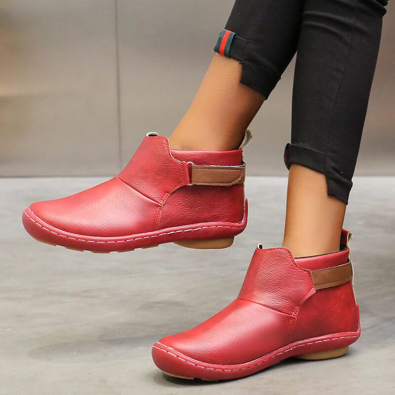 Low Heel Leather Round Toe Ankle Boots