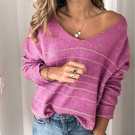 V Neck Striped Knit Sweater