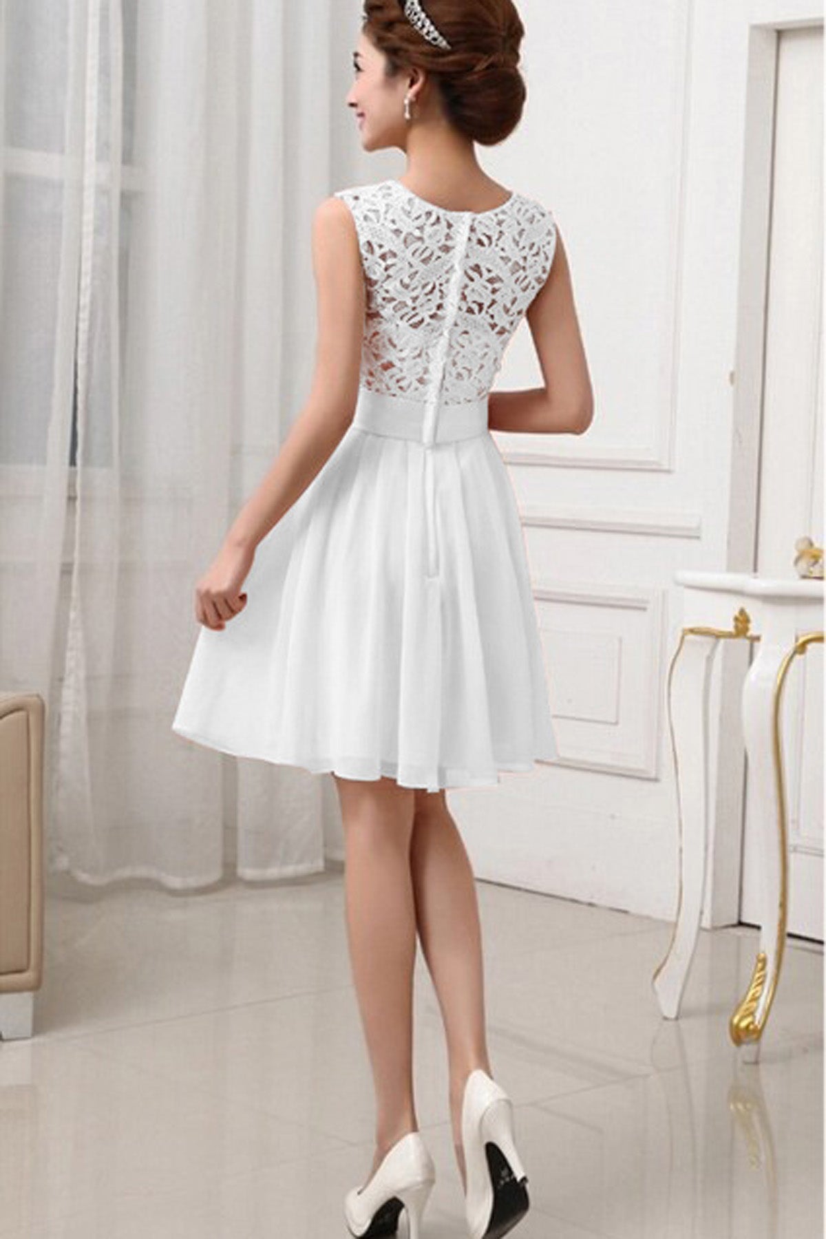 Hollow Out Pure Color Lace Chiffon Patchwork Knee-length Party Dress