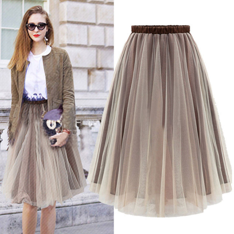 Joker Pure Color Pleated Flared Organza Skirt