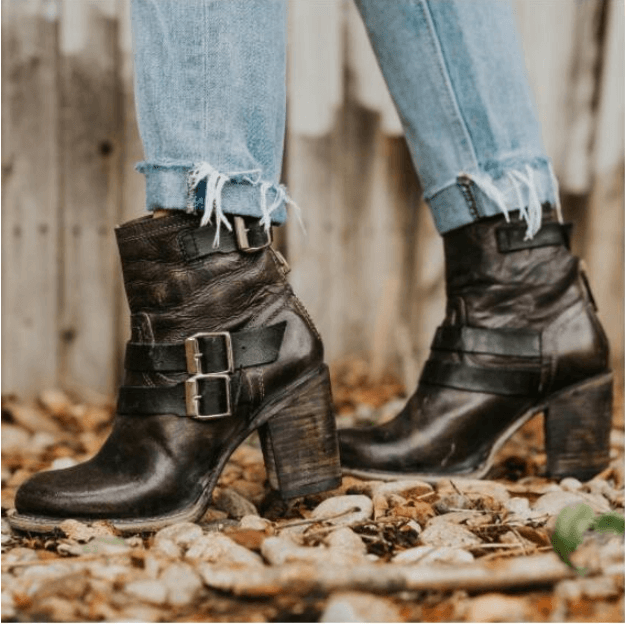 Leather Buckle High Heel Ankle Boots