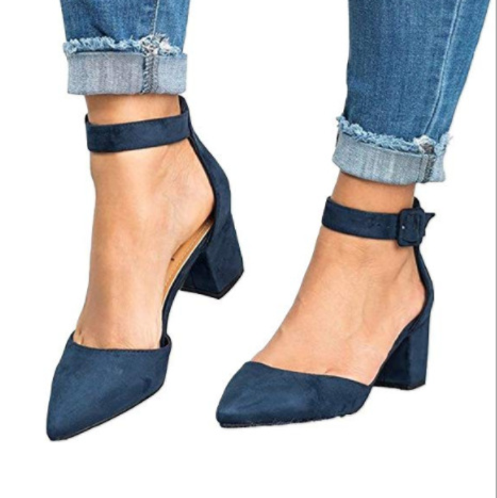 Pointed Toe Suede Buckle Chunky High Heels
