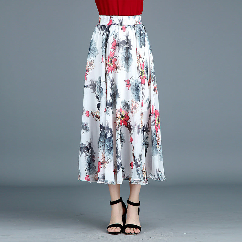 Floral Print High Waist Pleated Maxi Swing Skirt